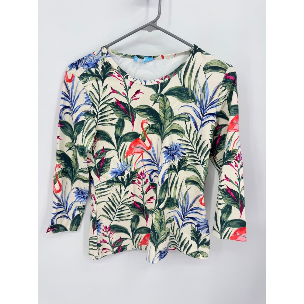 J.McLaughlin 3/4 Sleeve Top Women S Ivory Tropical Flamingo Floral Print Nylon